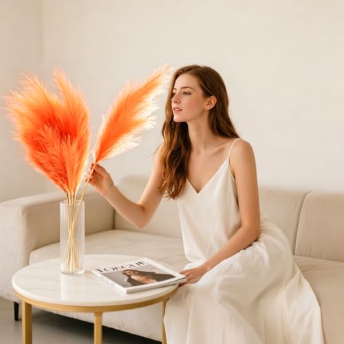 Orange Tall Faux Pampas Grass Decor - 8 Pieces, 45 Inch Halloween & Fall Arrangement