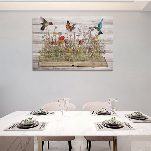 Rustic Hummingbird Wall Art Canvas Print - Farmhouse Flower Butterfly Decor, 24x16 Inches, Framed