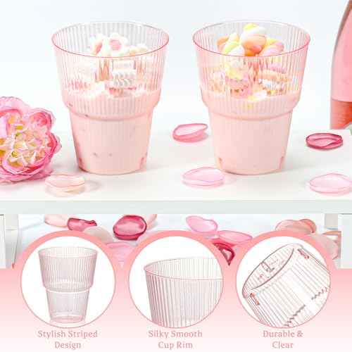 Pink Plastic Ribbed Wine Glasses 14 oz Disposable Cocktail Tumblers 100 Pack