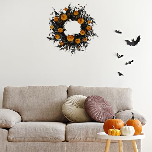 22-Inch Halloween Wreath with Pumpkins and Eucalyptus Leaves - Orange Pumpkin Variation