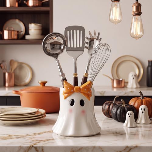 White Ceramic Ghost Utensil Holder - Halloween Kitchen Decor & Organizer - Ghost Bow Variation