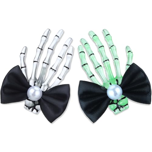 Luminous Skeleton Hand Hair Clips with Black Bow - Halloween Accessory Set