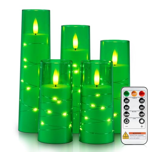 5pcs Green Flameless Battery Operated Candles with Remote Timer & Fairy Lights