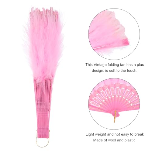 Pink Feather Hand Fan - Vintage Folding Fan for Retro Parties & Weddings