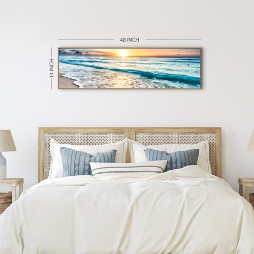 48-Inch Coastal Sunset Ocean Canvas Wall Art - Blue Seaside Landscape, Framed Home Decor