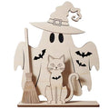 Wooden Ghost Cat Halloween Centerpiece Decor with Broom & Bats - Indoor Festive Table Decor - Ghost Witch & Cat Variation