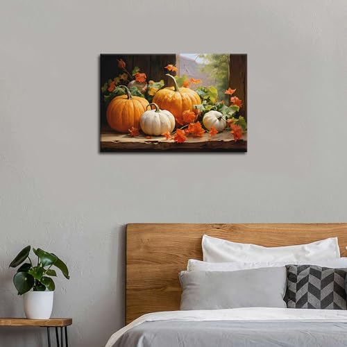 Pumpkin Canvas Wall Art - Fall Autumn Decor with Maple Leaf - 24x16 Inch Pumpkin