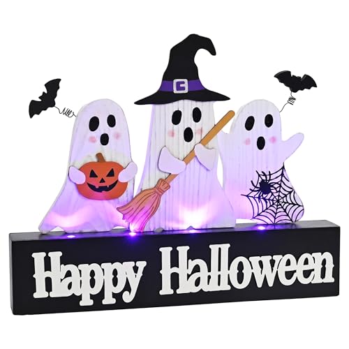 Large Halloween Ghost Decor with Purple LED Lights - Tabletop Sign with Witch Hat Broom Bats Jack O Lantern, Indoor Home Party Halloween Decoration