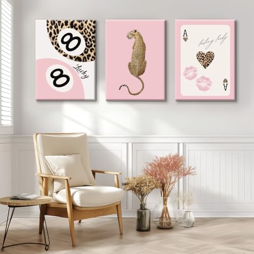 Leopard Canvas Wall Art Set - Pink Cheetah Print Bedroom Decor 16x24 Inch Wrapped Canvas - Trendy Wall Decor