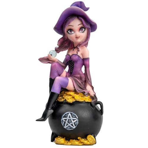 Purple Witch Resin Statue on Cauldron with Crystal Ball & Gold Coins - Whimsical Gothic Decor - Variation of THIS listing