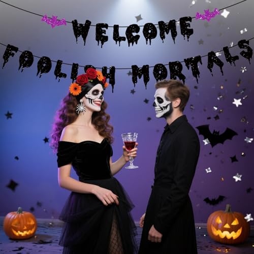 Halloween Welcome Foolish Mortals Banner with Bat - Black Glitter Haunted House Decor