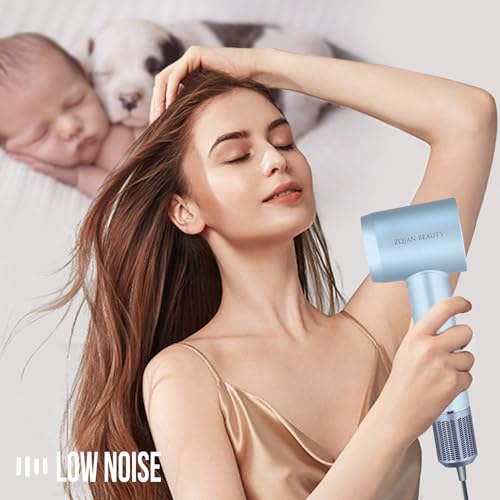 Ionic Hair Dryer with 200 Million Negative Ions, High-Speed Blow Dryer for Women and Men Fast Drying Low Noise Travel Hairdryer (Silver Blue, with Concentrator Nozzle)
