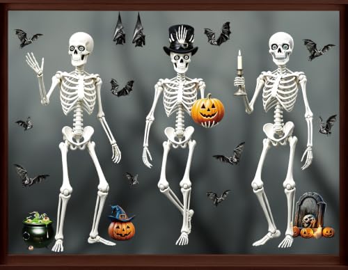 Halloween Window Clings - Large Retro Skull Pumpkin Bat Stickers - Split Skull Variation, Reusable Decals for Home & Party Decor