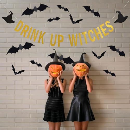Halloween Banner with Bat Stickers - Gold Drink Up Party Decorations Indoor