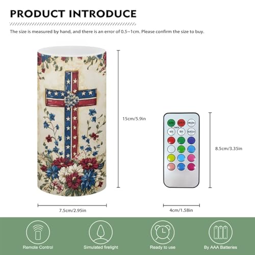 Flameless Candle with Cross American Flag Floral Print - Patriotic 4th of July Decor - Remote Control