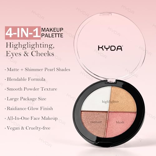 KYDA 4-In-1 Glow Face Palette - Shimmer Eye & Cheek Makeup Set, 4 Colors