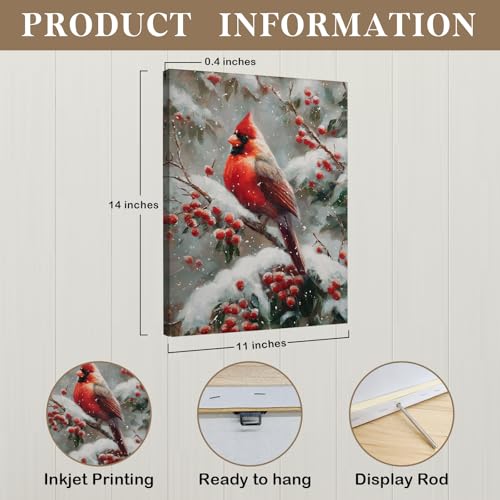 Winter Cardinal Canvas Wall Art - Vintage Christmas Scene 11x14 Inch