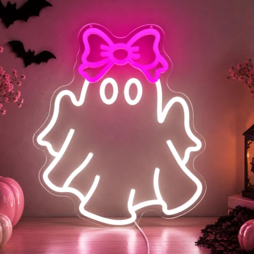 Pink Ghost Neon Sign with Bow - Halloween Wall Decor for Kids' Bedrooms