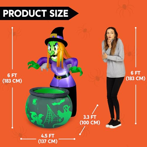 6 Ft Halloween Inflatable Witch and Cauldron Yard Decor with Rotating Ghost Light