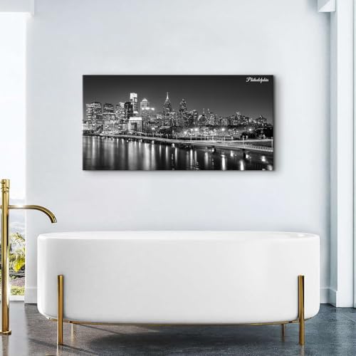 Philadelphia Skyline Wall Art Canvas - Black & White Cityscape, 40L x 20W, Modern Philly Night View