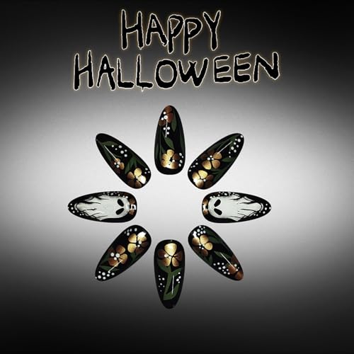 Halloween Press On Nails Medium Almond Ghost Gold Flower Design - Variation 19