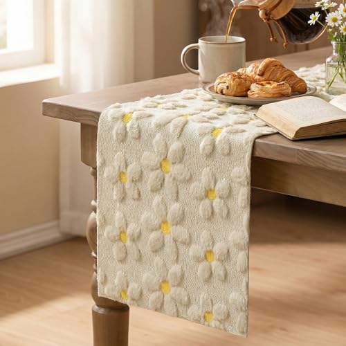 Beige Soft Plush Faux Fur Jacquard Daisy Table Runner - 13 x 72 Inches