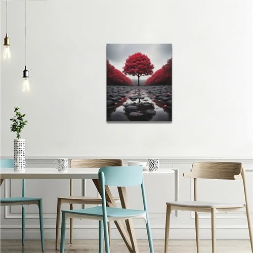 Red Tree Wall Art Canvas Print - Zen Stone River Landscape, Framed, 24x20 Inches - Black and White
