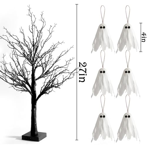 Halloween Lighted Black Tree with Ghost Ornaments - Indoor Decor