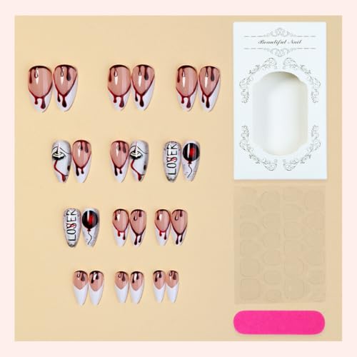 Red White French Tip Press-On Nails Halloween Fake Nails Medium Almond Reusable Set
