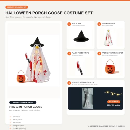 Halloween Porch Goose Costume Set with String Lights - Ghost Variation for 23 Inch Outdoor Decor