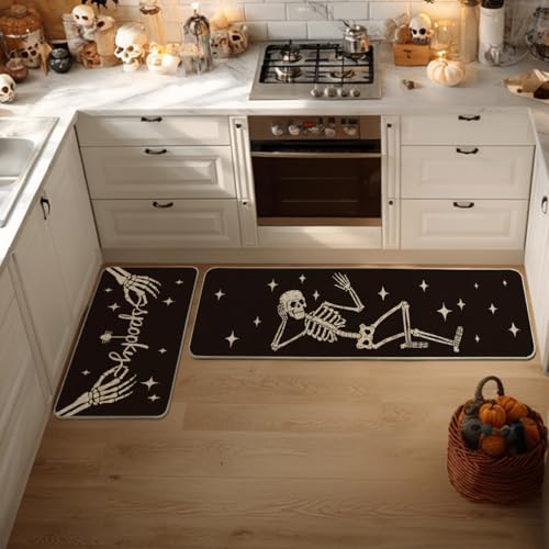 Skeleton Halloween Kitchen Mats Set of 2 - Black 17x29 & 17x59 Inches