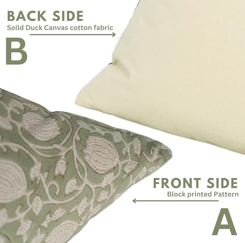 Light Green Handmade Block Print Cotton Throw Pillow Cover 14x20 Inches with Invisible Zipper - Farmhouse Decor