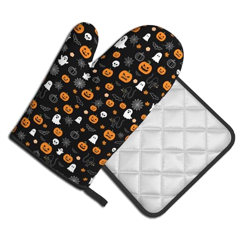 Halloween Oven Mitts & Pot Holders Set - Black Ghost Pumpkin Variation