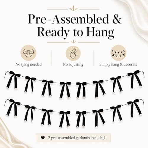 Black Satin Bow Garland Banner - 2 Strings with 16 Large Bows, Ready to Hang
