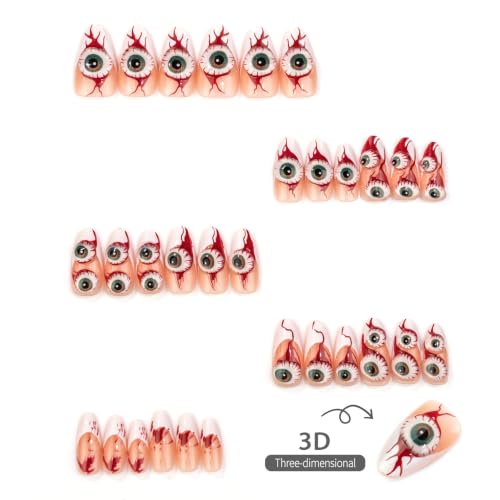 Halloween Long Almond Press On Nails with Eyeball Blood Drip Design - Multicolor-018049