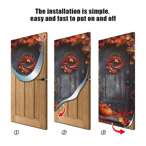 Thanksgiving Wood Door Cover - Stretch Fabric Porch Decoration 35x79 In - Holiday Door Cover