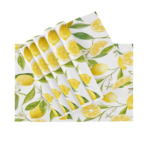 Set of 6 Washable Non-Slip Lemon Flowers Placemats - Heat Resistant Burlap Table Mats for Dining & Kitchen