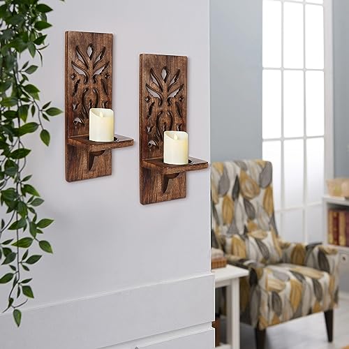 Burnt Wood Wall Sconces Set of 2 - Rustic Carved Pillar Candle Holders, 16 Inch, Farmhouse Style