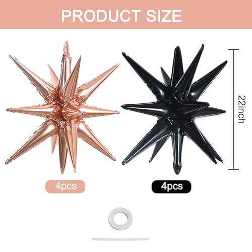 Black Rose Gold Explosion Star Foil Balloons - 8 Pcs Party Decorations