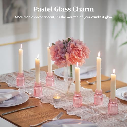 Pink Glass Taper Candle Holders Set of 10 - Elegant Short Candlestick Decor