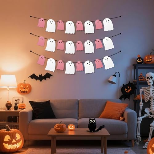 Halloween Ghost Banner Decor Set - Pink & White Hanging Ghost Garlands for Indoor Party & Home