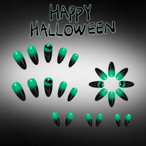 Halloween Press On Nails Green Black - Medium Almond Fake Nails Style-28