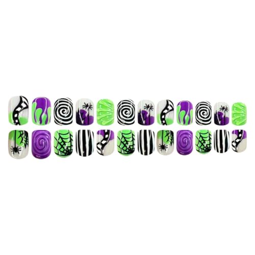 Halloween Short Square Press On Nails with Spider Web Design - Black & White Spiral Stripe, 24Pcs - Halloween-19