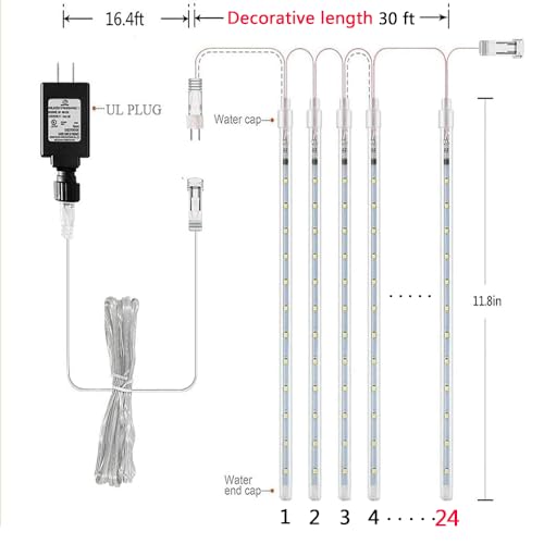 Outdoor Christmas Meteor Shower Lights 24 Tubes White - 30ft Decorative LED String