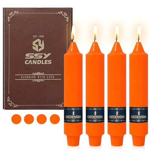 Orange Taper Candles 7 Inch - Unscented Dripless Long Burning for Wedding & Home Decor - Gedengni 4 Pack