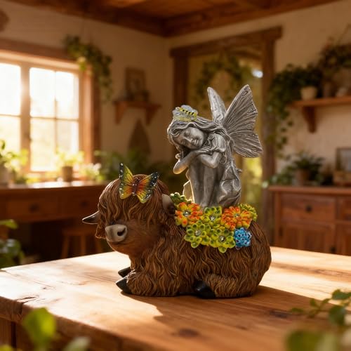 Solar Angel Sitting on Highland Cow Garden Statue with LED Lights - Outdoor Decor Gift