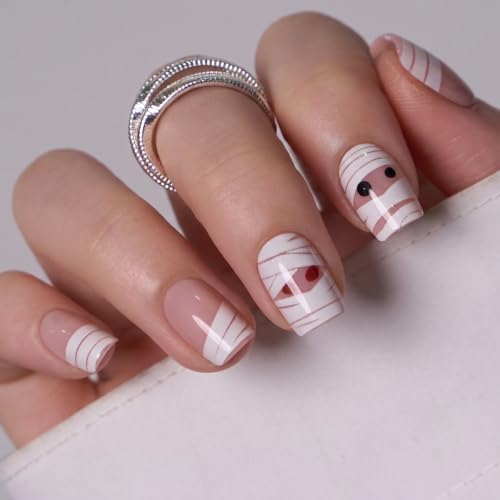 Press On Nails Short Square Halloween Boo Bandage White Pink - CurvLife