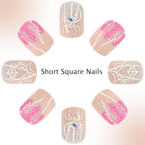OCOUYVD Halloween Short Square Press On Nails with Heart Spider Web Rhinestones - Variation 2794