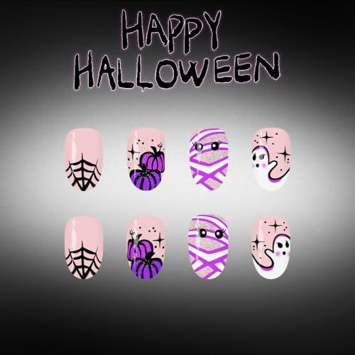 Halloween Press On Nails Short Almond Fake Nails with Ghost Pumpkin Spider Web Design - Q20 Variation
