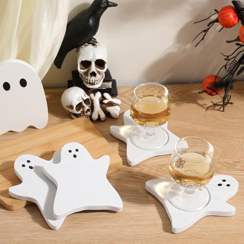 Halloween Ghost Marble Coasters Set - White, 4 Pieces, 4.7 x 3.9 Inches